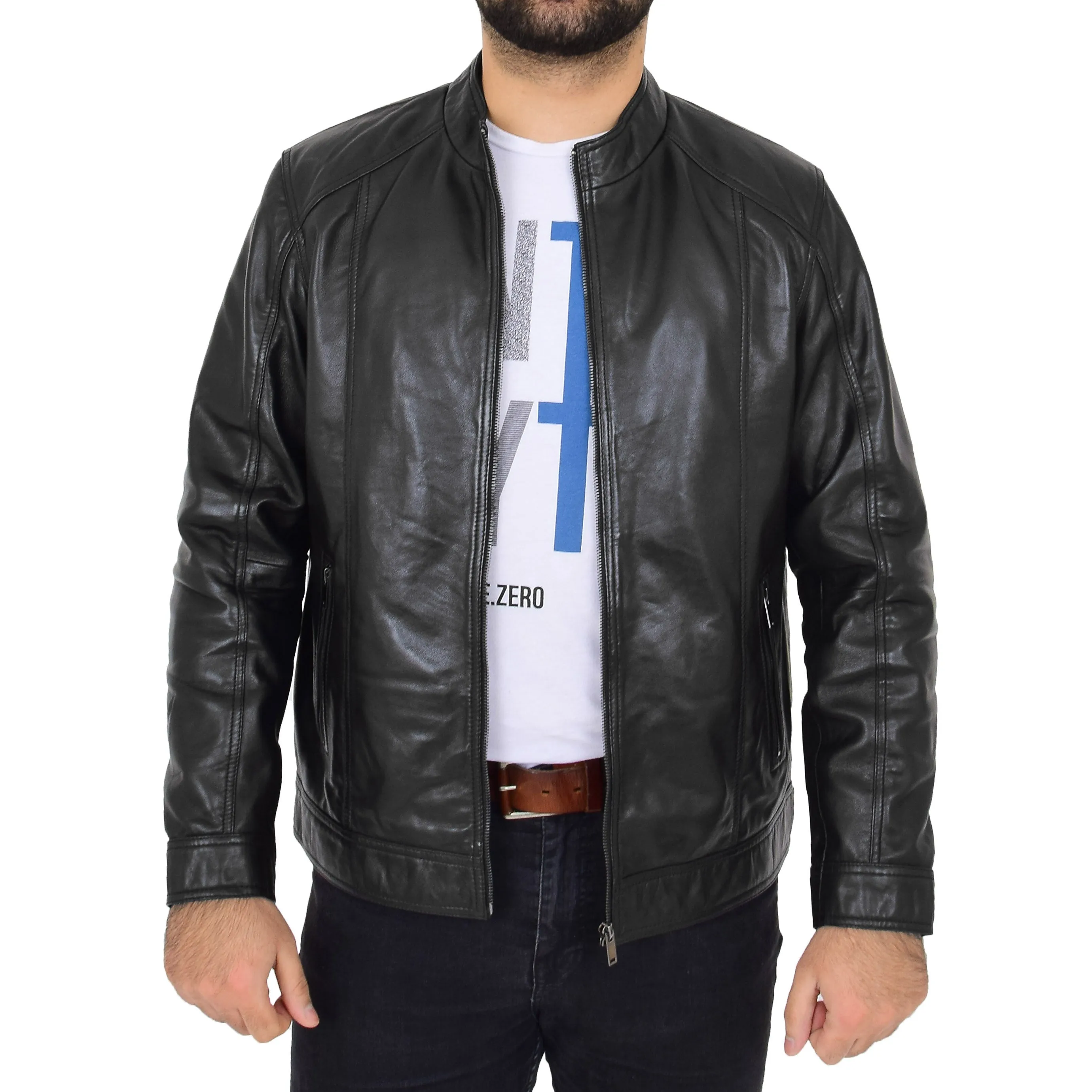 Mens Soft Black Leather Casual Zip Fasten Jacket - Nobel