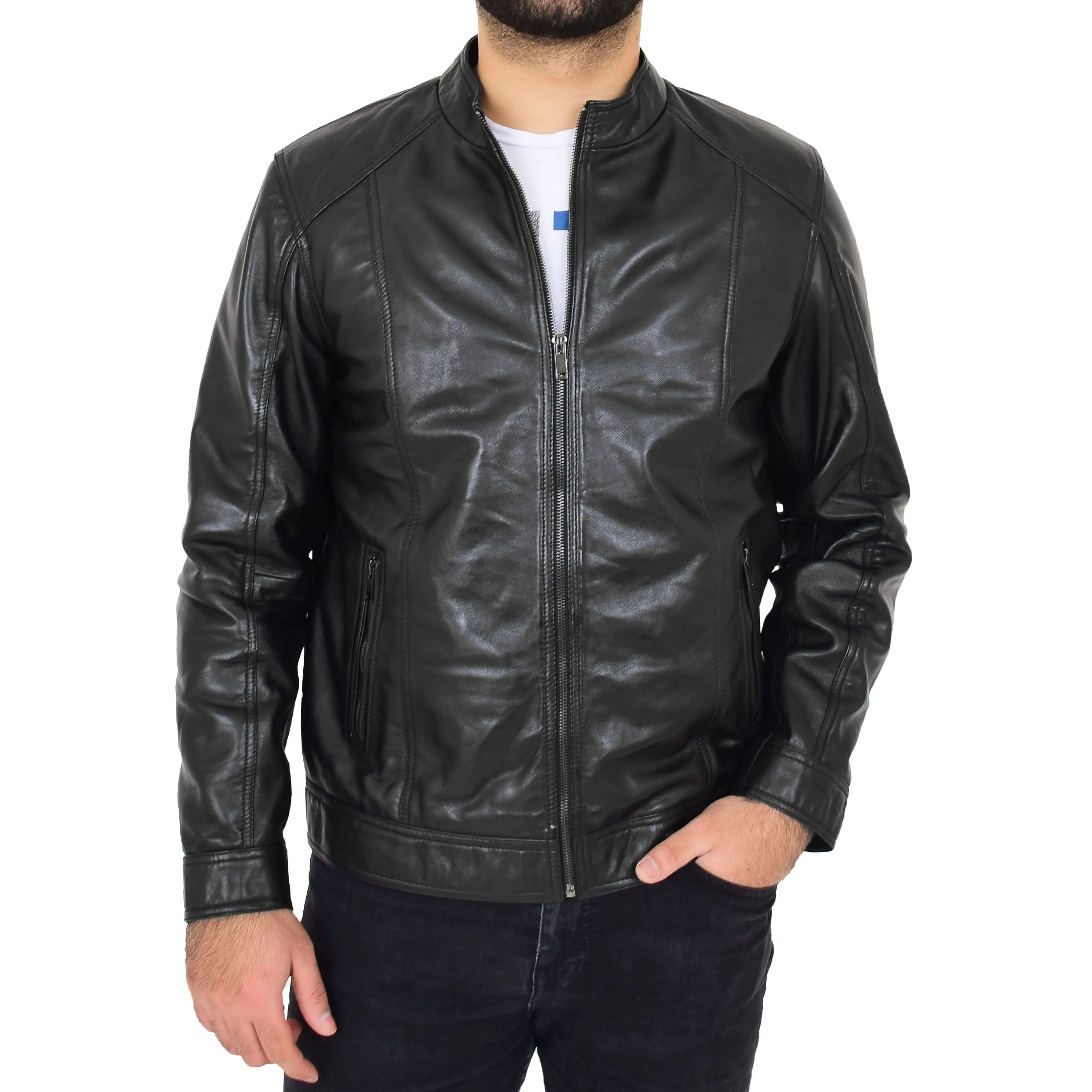 Mens Soft Black Leather Casual Zip Fasten Jacket - Nobel