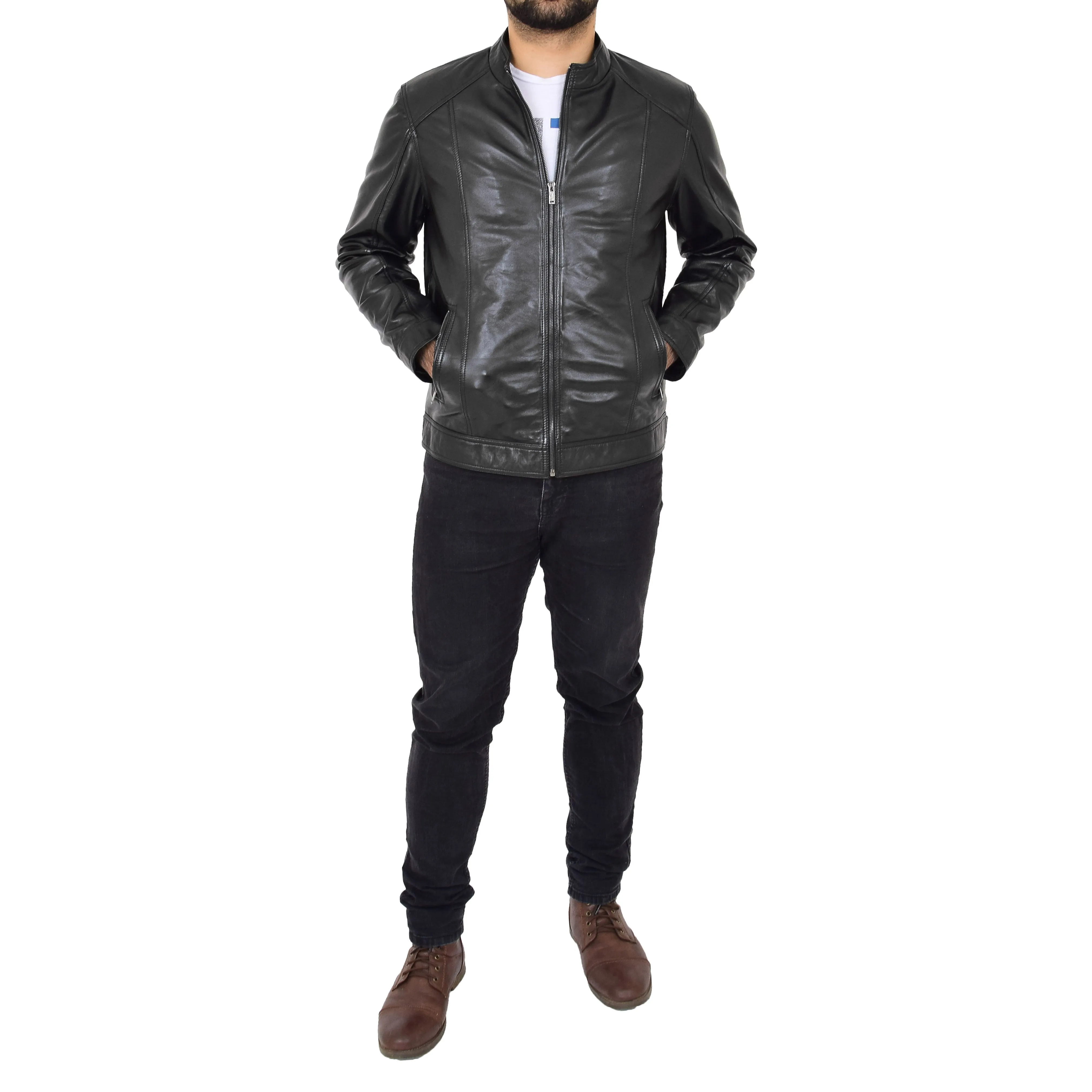 Mens Soft Black Leather Casual Zip Fasten Jacket - Nobel