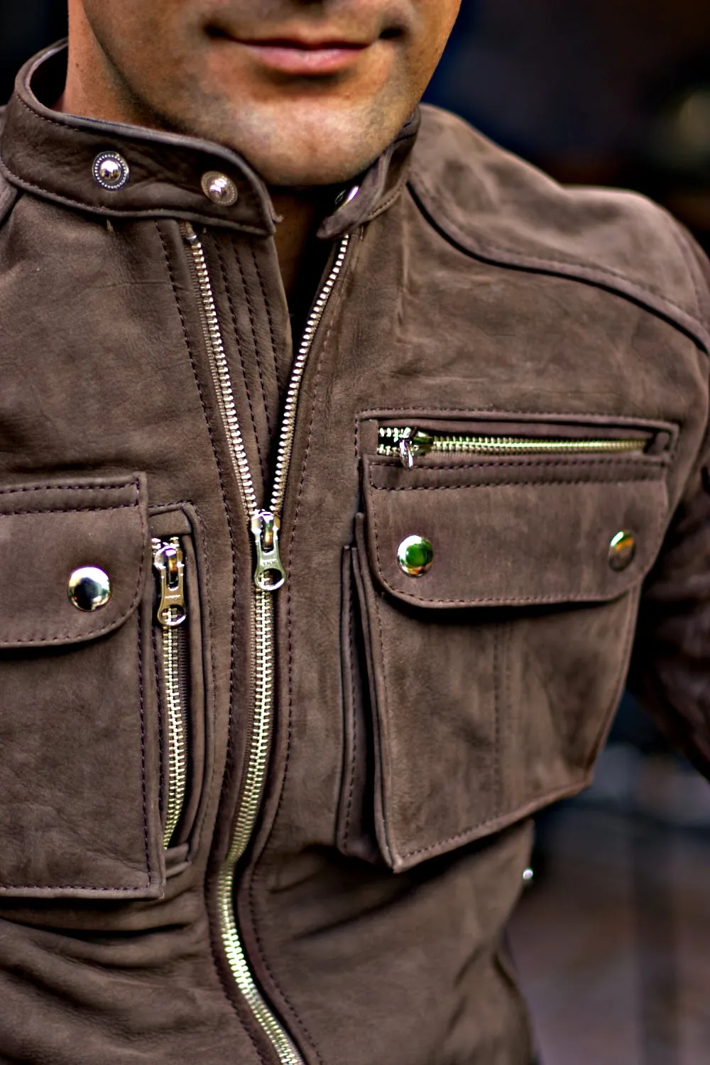 MI6 Leather Jacket - Double Cargo Pockets in Taupe