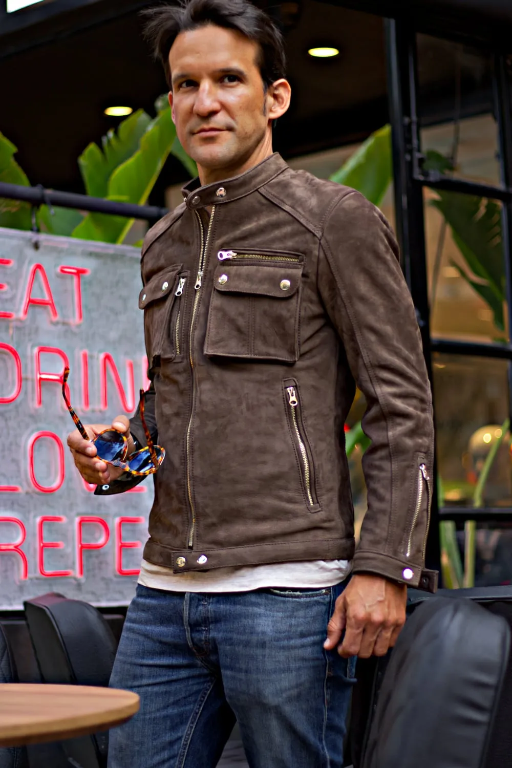 MI6 Leather Jacket - Double Cargo Pockets in Taupe