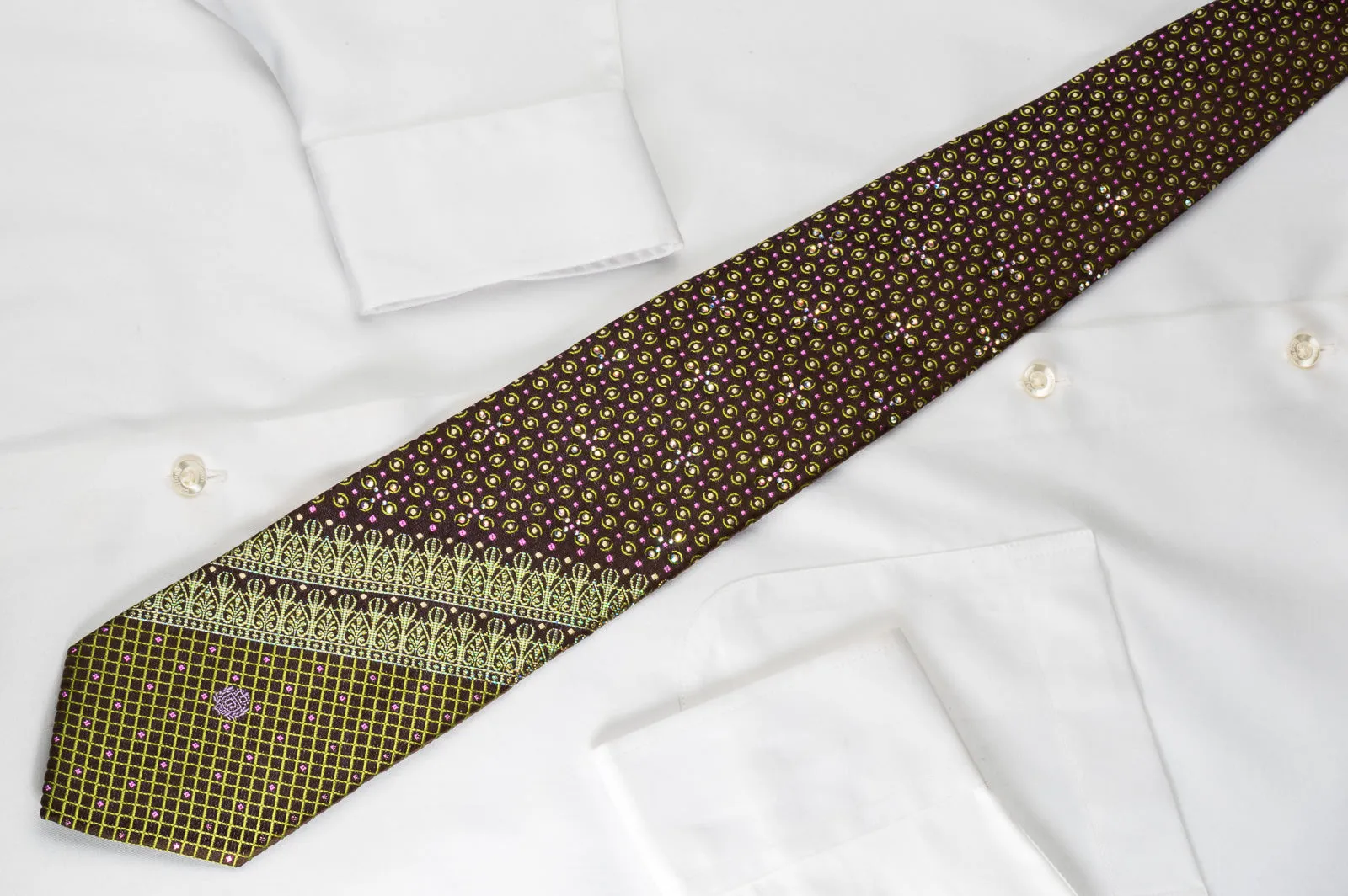 Paco Rabanne Rhinestone Necktie Golden Dots & Anthemion On Brown With Sparkles