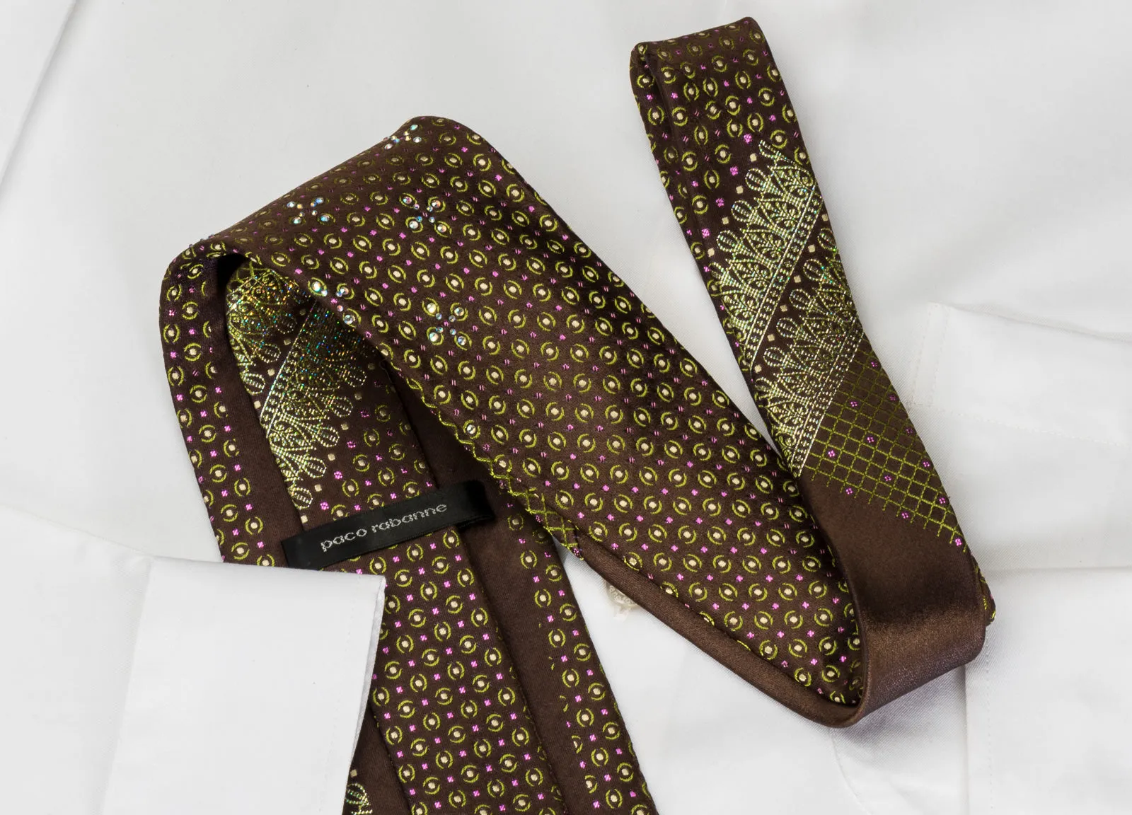 Paco Rabanne Rhinestone Necktie Golden Dots & Anthemion On Brown With Sparkles