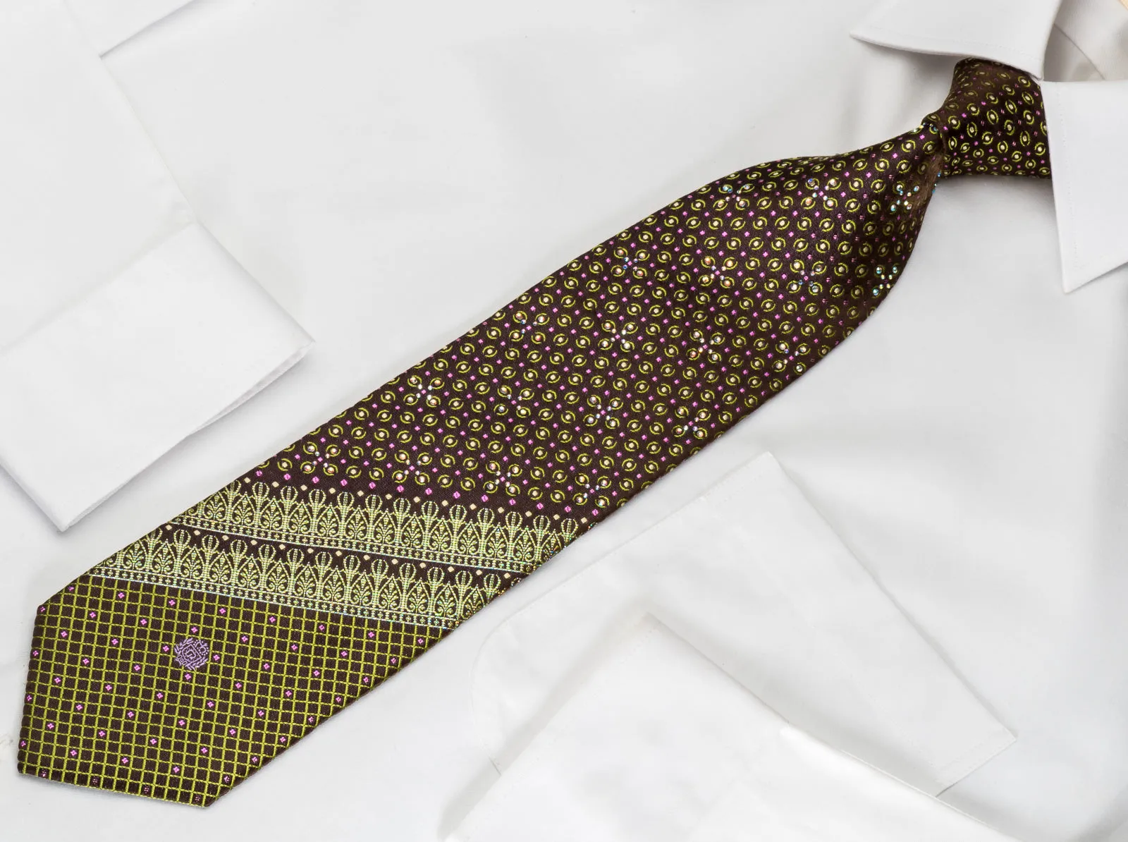 Paco Rabanne Rhinestone Necktie Golden Dots & Anthemion On Brown With Sparkles