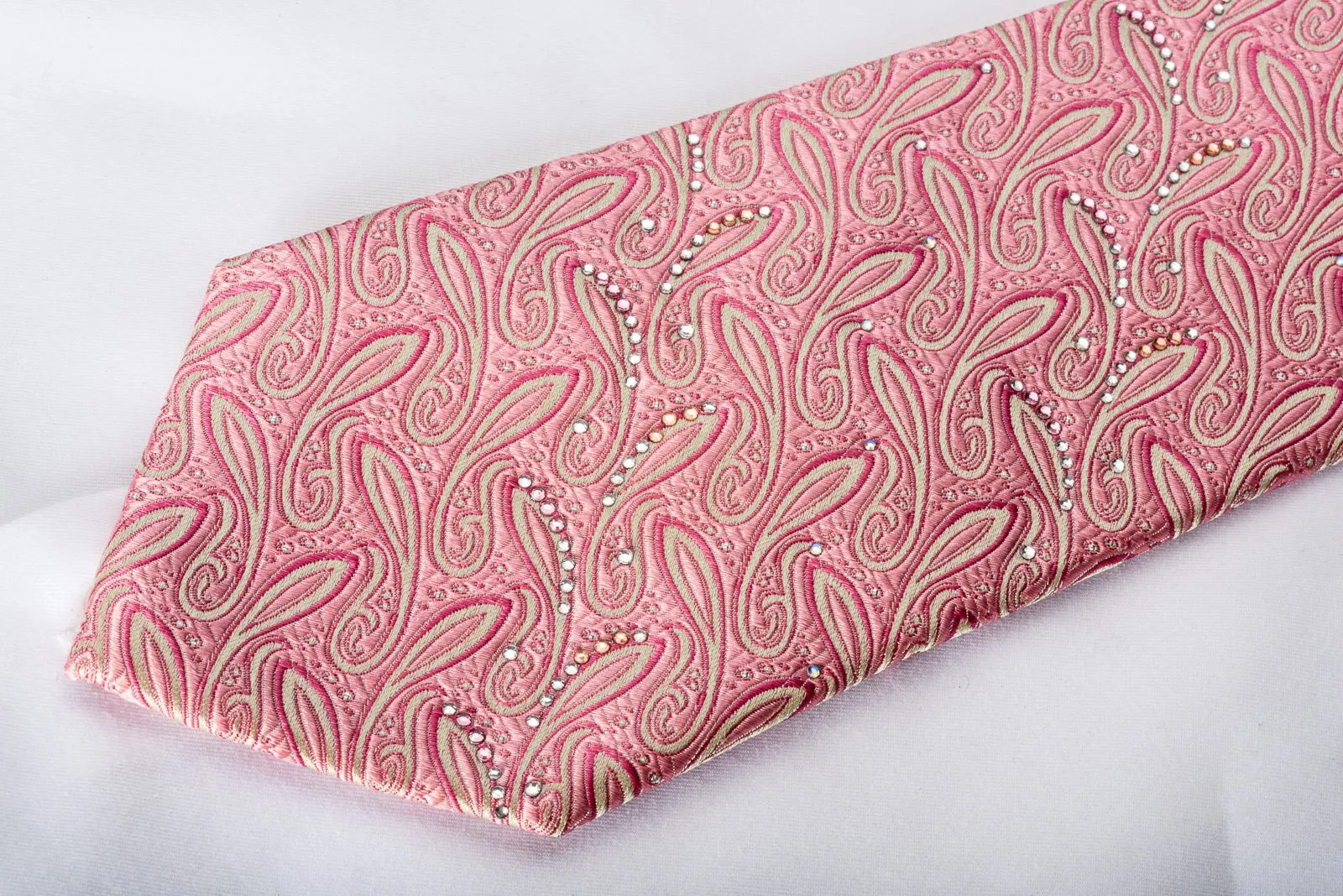 Pierre Cardin Men's Silk Tie Paisley On Pink Sparkling With Rhinestones