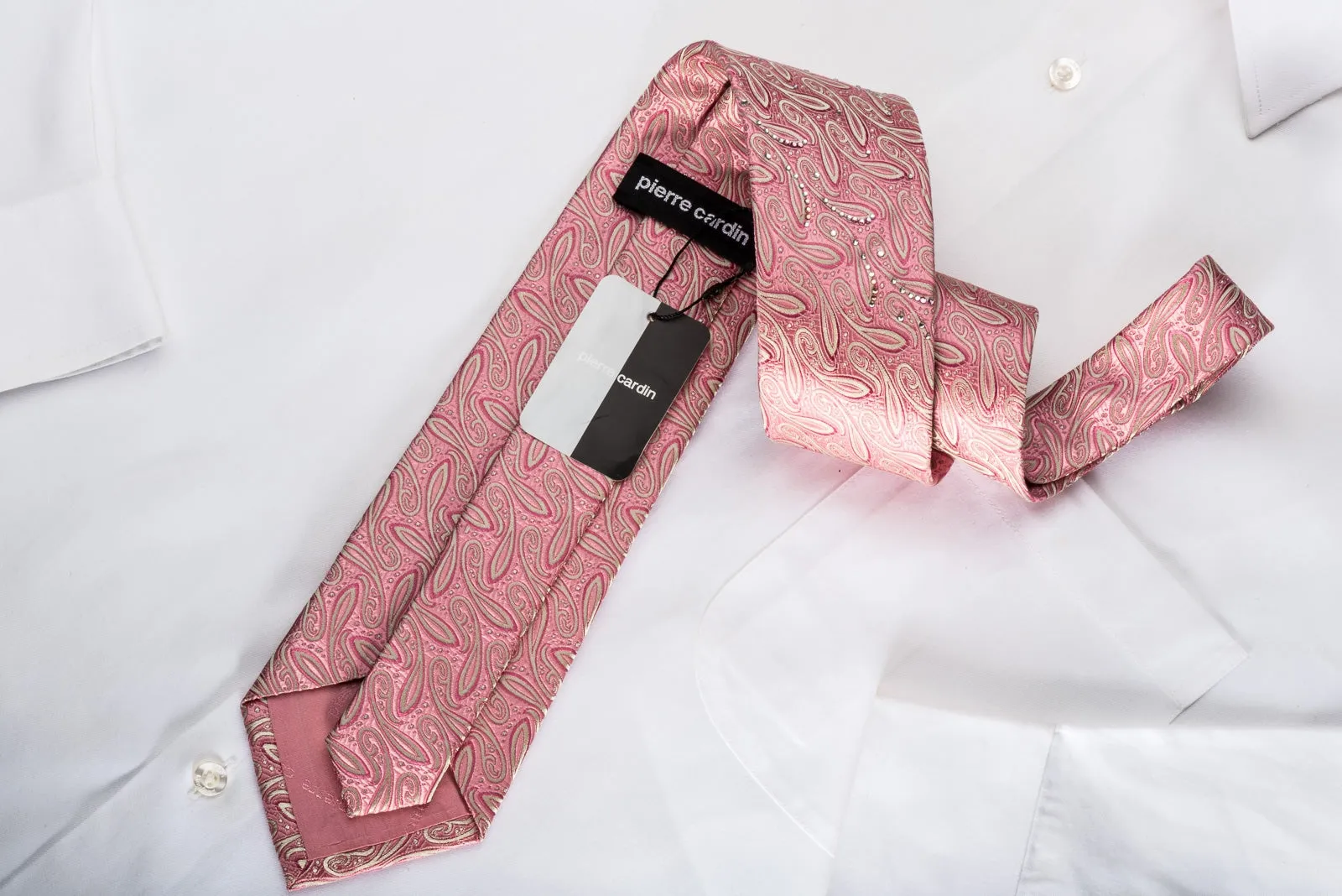 Pierre Cardin Men's Silk Tie Paisley On Pink Sparkling With Rhinestones