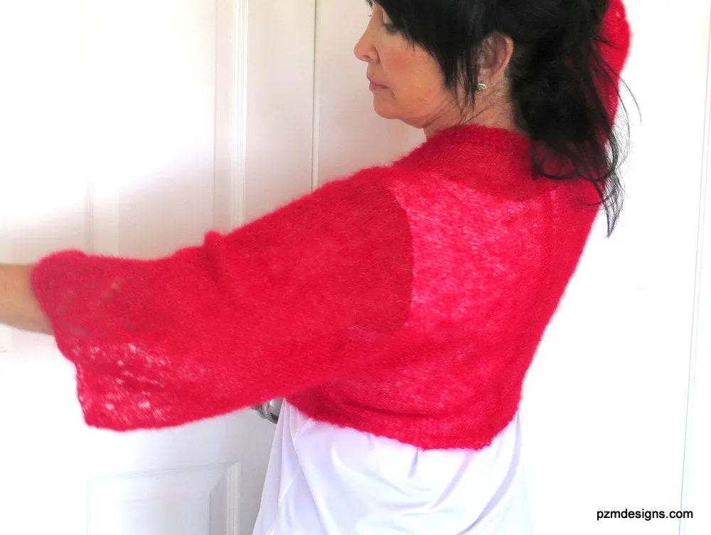 Red Silk Mohair Cardigan Sweater Shrug, Red Hand Knit Silk Shrug