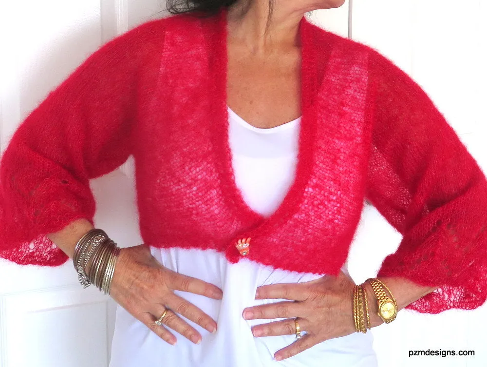 Red Silk Mohair Cardigan Sweater Shrug, Red Hand Knit Silk Shrug