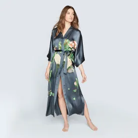 Silk Handpainted Crane Long Kimono Robe