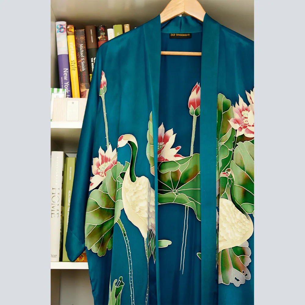 Silk Handpainted Crane Short Kimono Robe