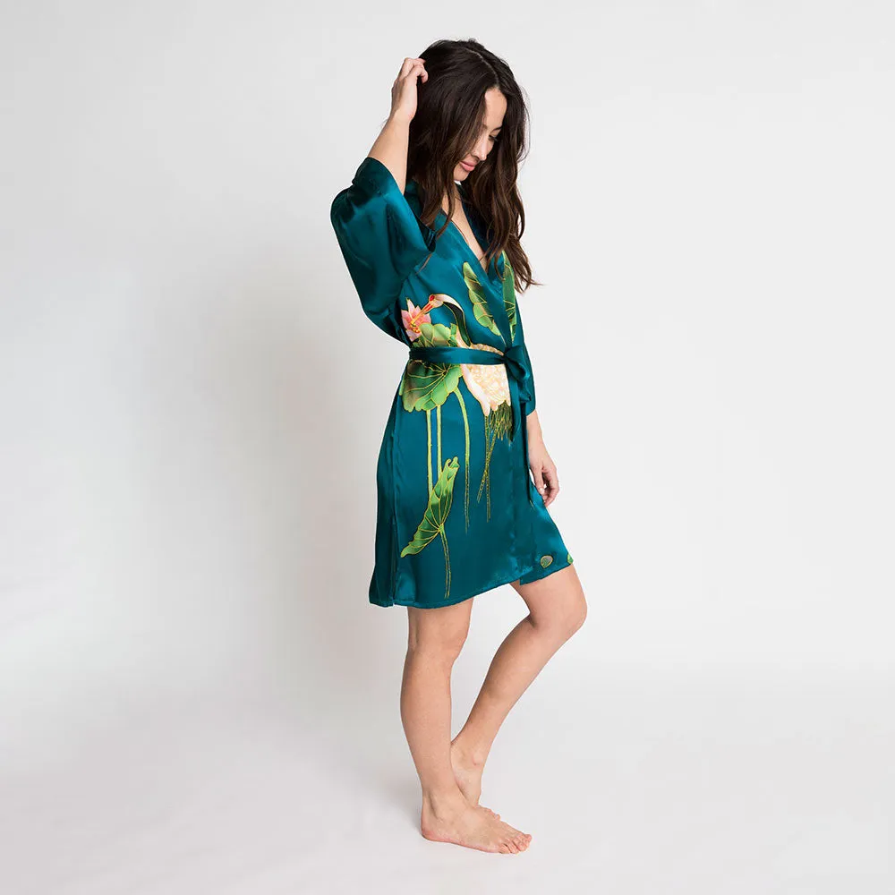 Silk Handpainted Crane Short Kimono Robe