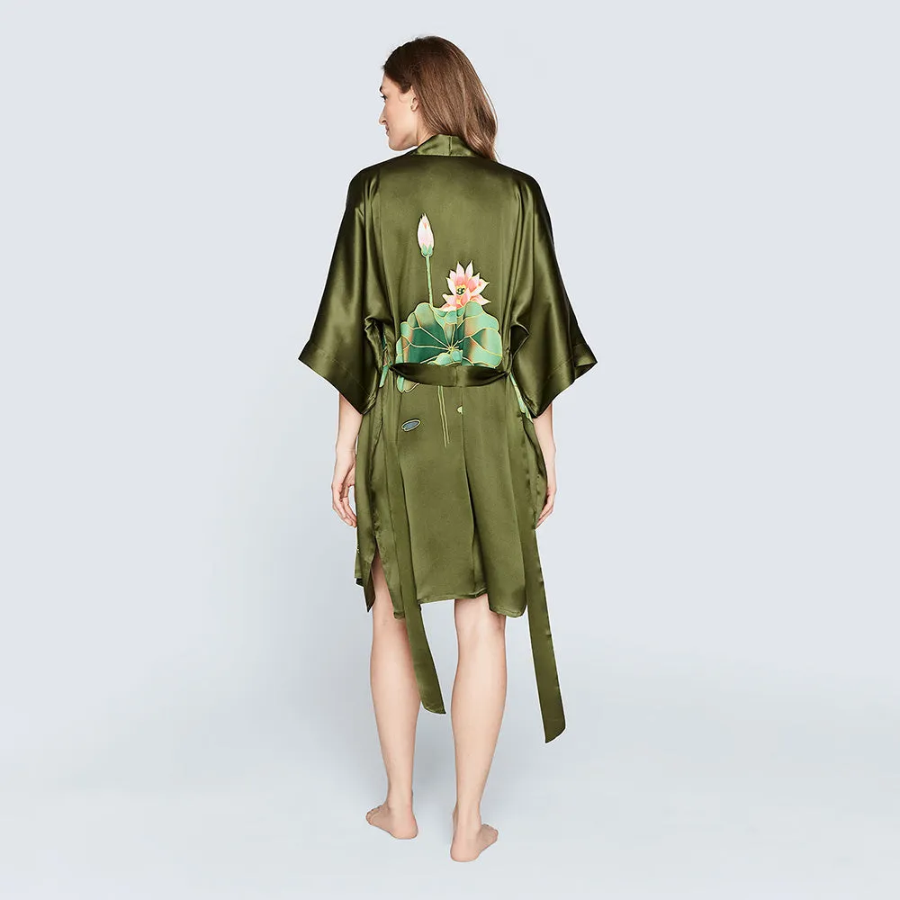 Silk Handpainted Crane Short Kimono Robe