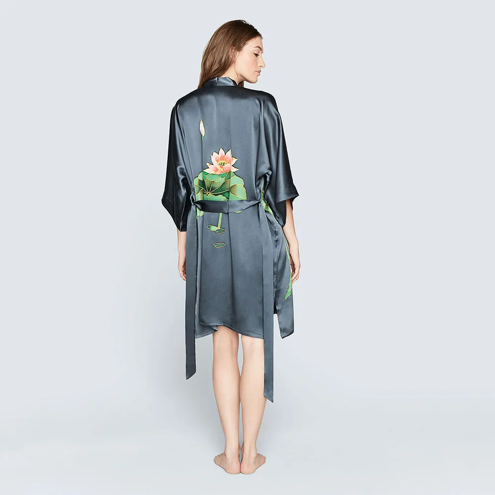 Silk Handpainted Crane Short Kimono Robe