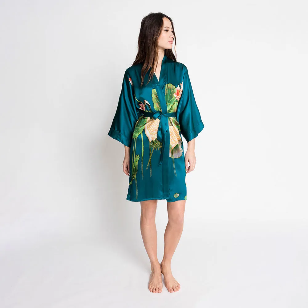 Silk Handpainted Crane Short Kimono Robe