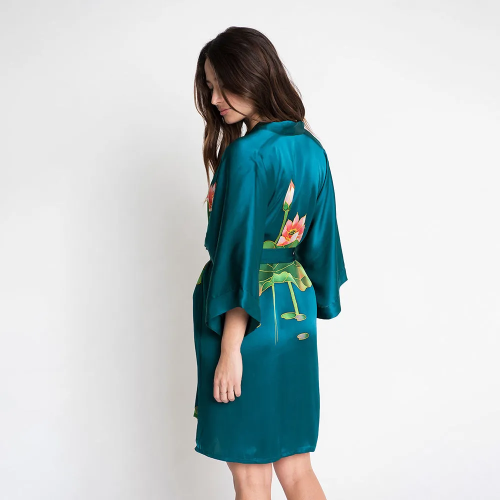 Silk Handpainted Crane Short Kimono Robe