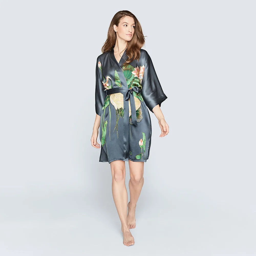 Silk Handpainted Crane Short Kimono Robe