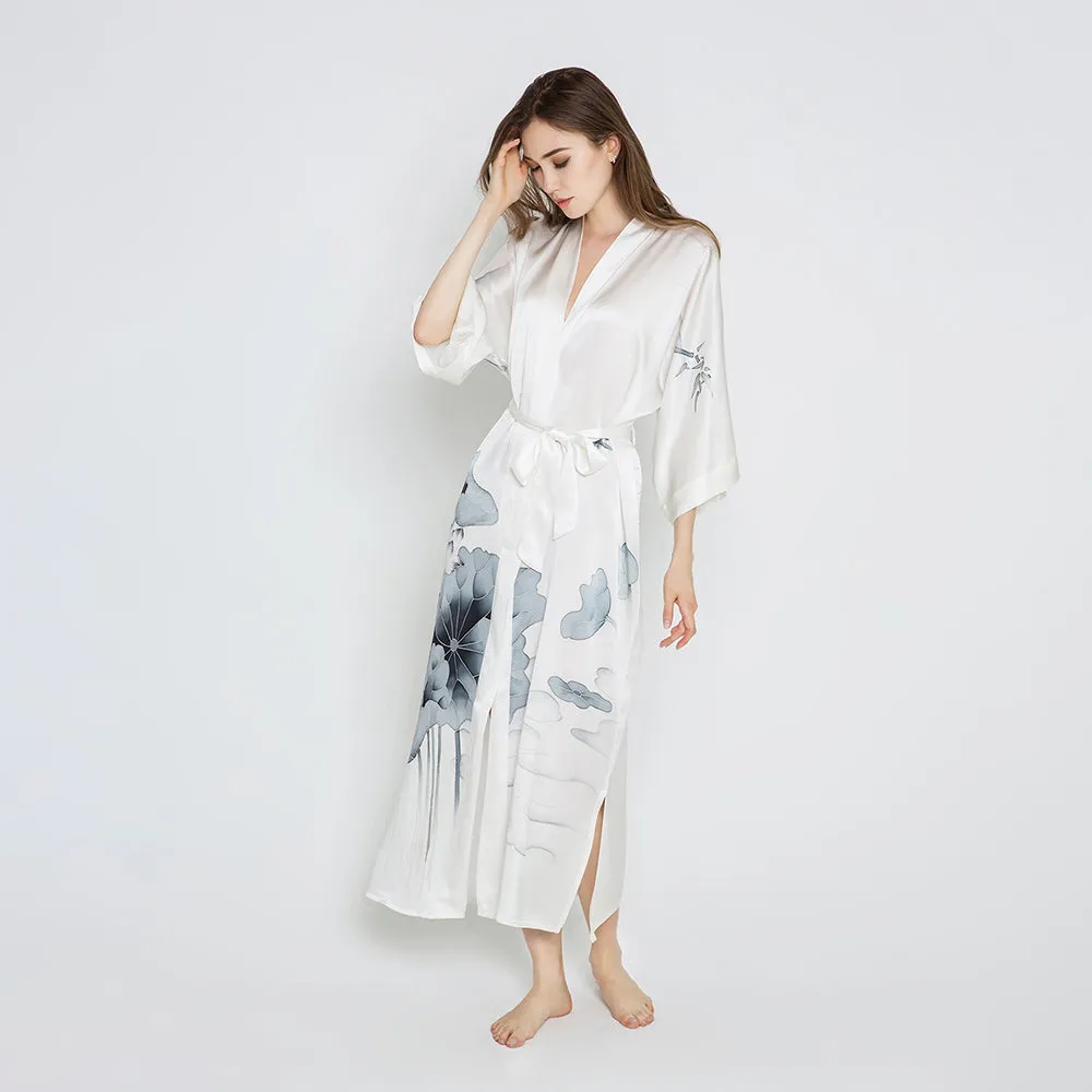 Silk Handpainted Lotus Long Kimono Robe