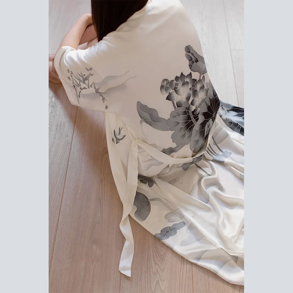 Silk Handpainted Lotus Long Kimono Robe