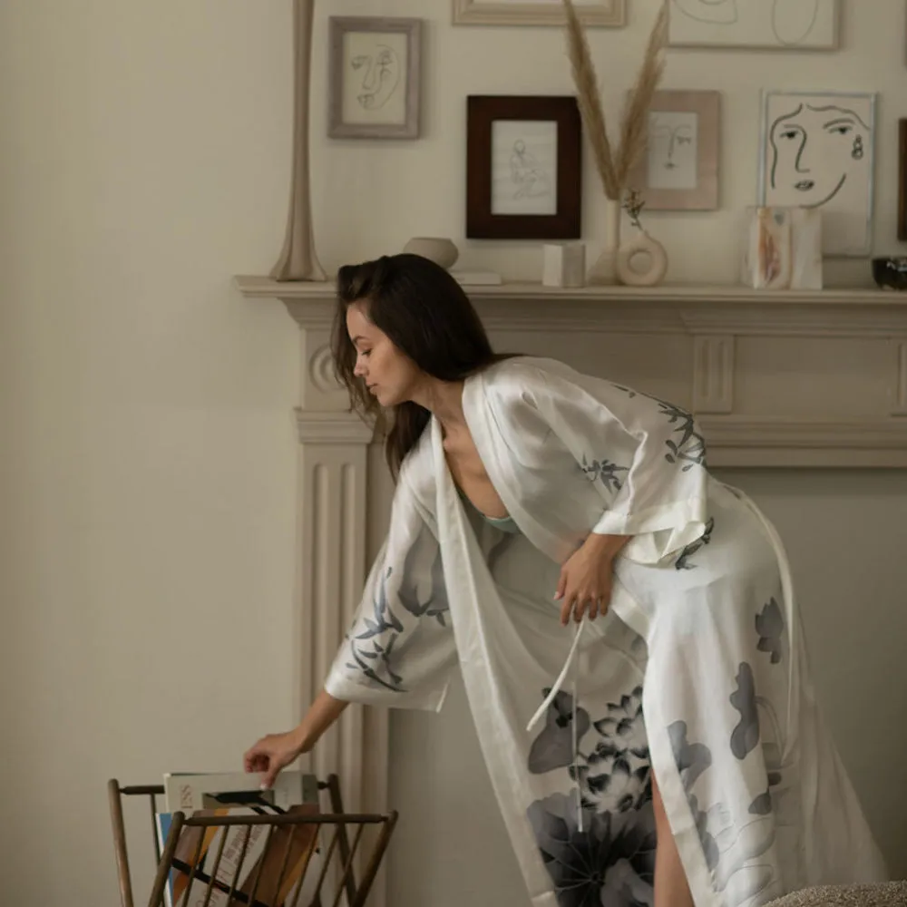 Silk Handpainted Lotus Long Kimono Robe