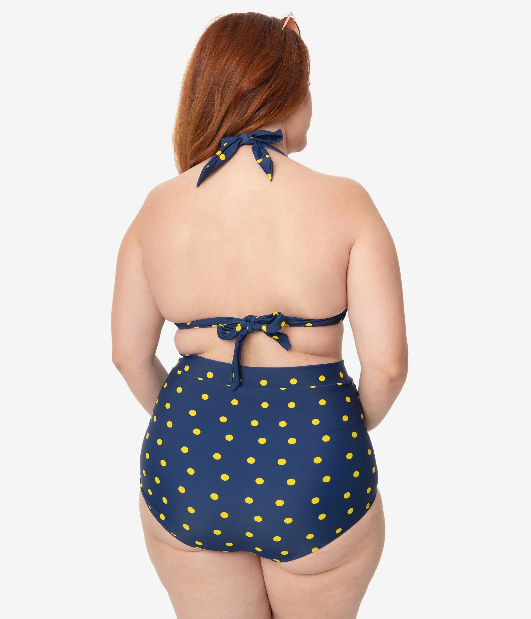 Unique Vintage Plus Size Navy & Yellow Dotted Monroe Halter Swim Top