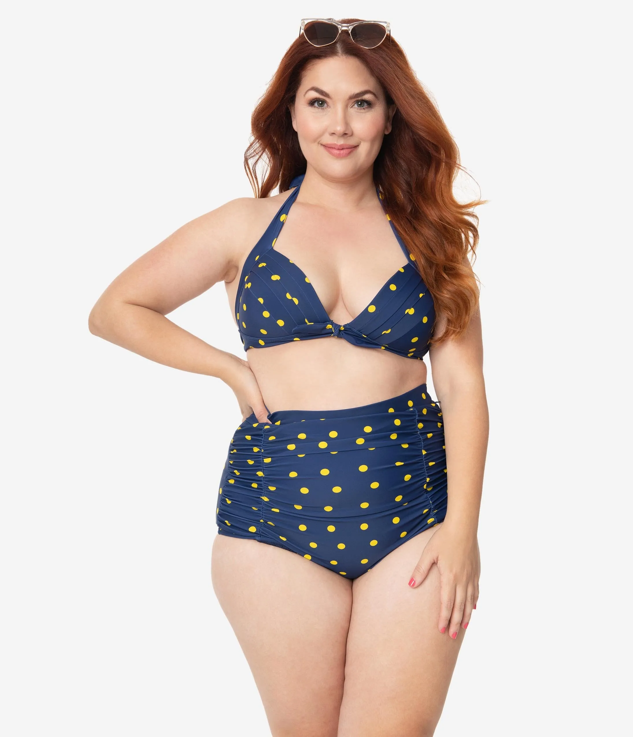 Unique Vintage Plus Size Navy & Yellow Dotted Monroe Halter Swim Top