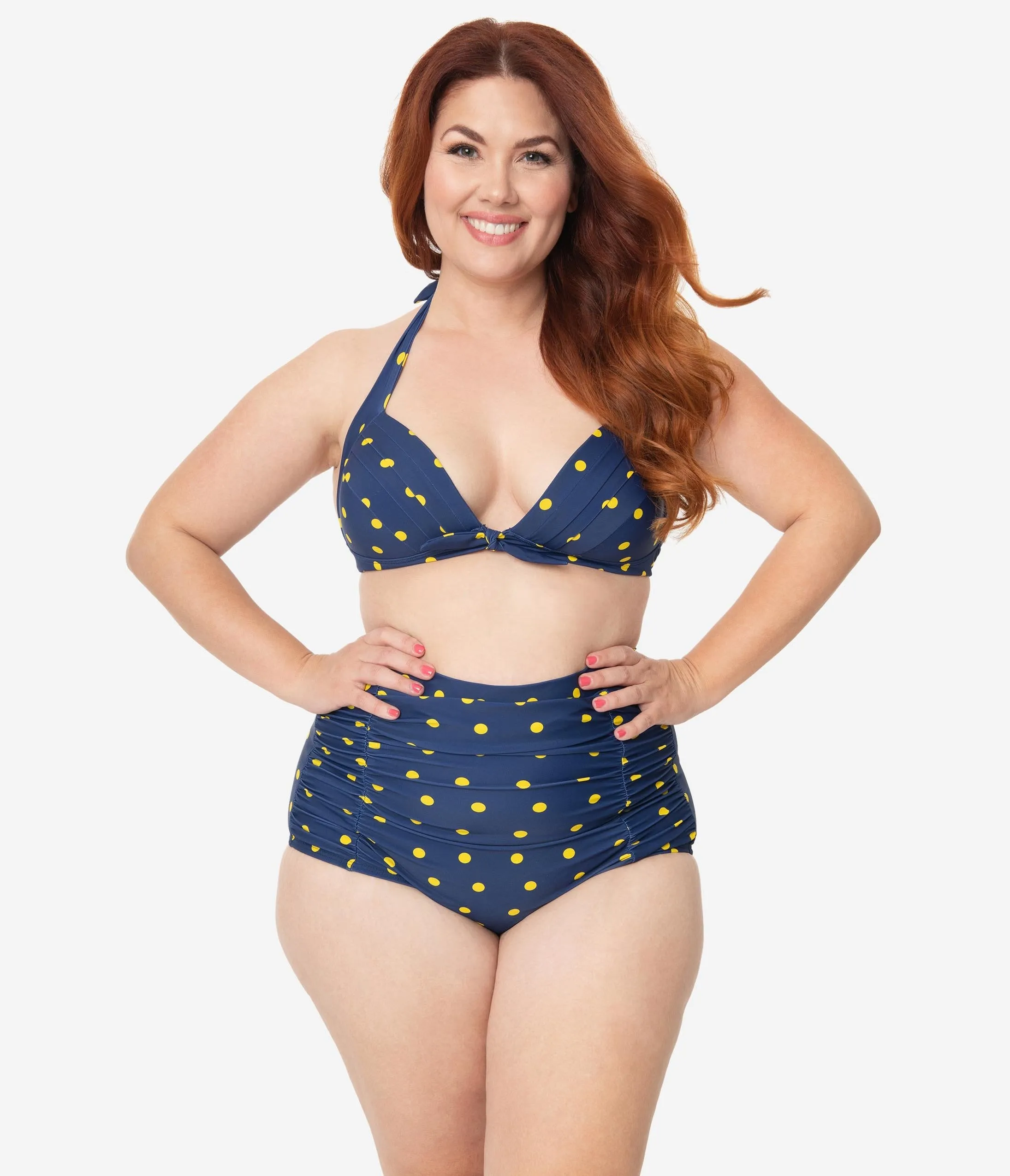 Unique Vintage Plus Size Navy & Yellow Dotted Monroe Halter Swim Top