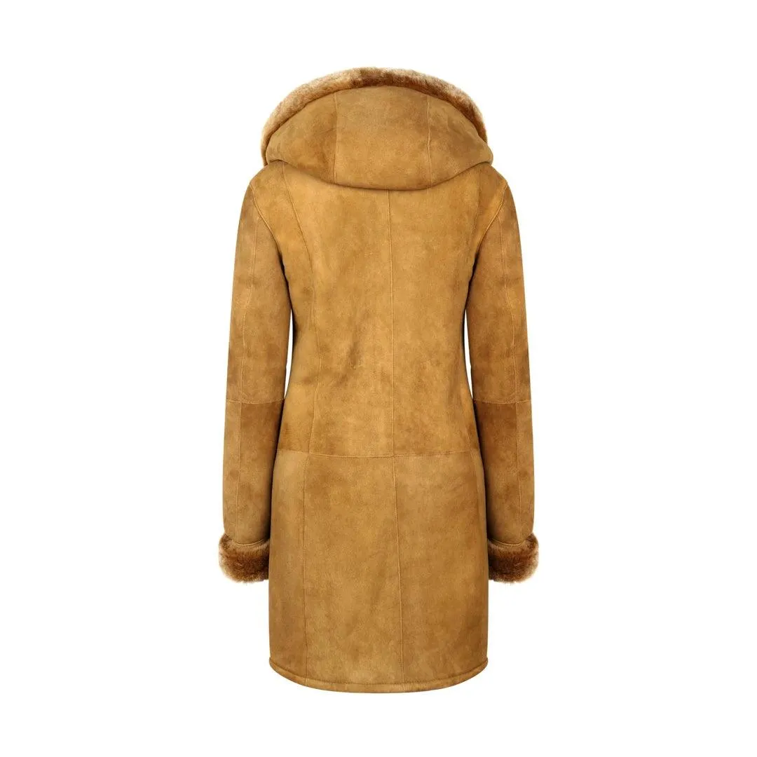 Womens Real Sheepskin Jacket 3/4 Long Hood Merino Fur Button Camel Tan