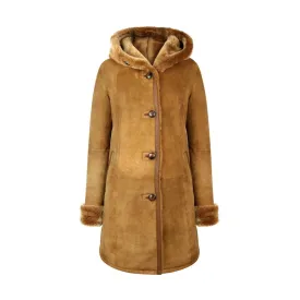 Womens Real Sheepskin Jacket 3/4 Long Hood Merino Fur Button Camel Tan